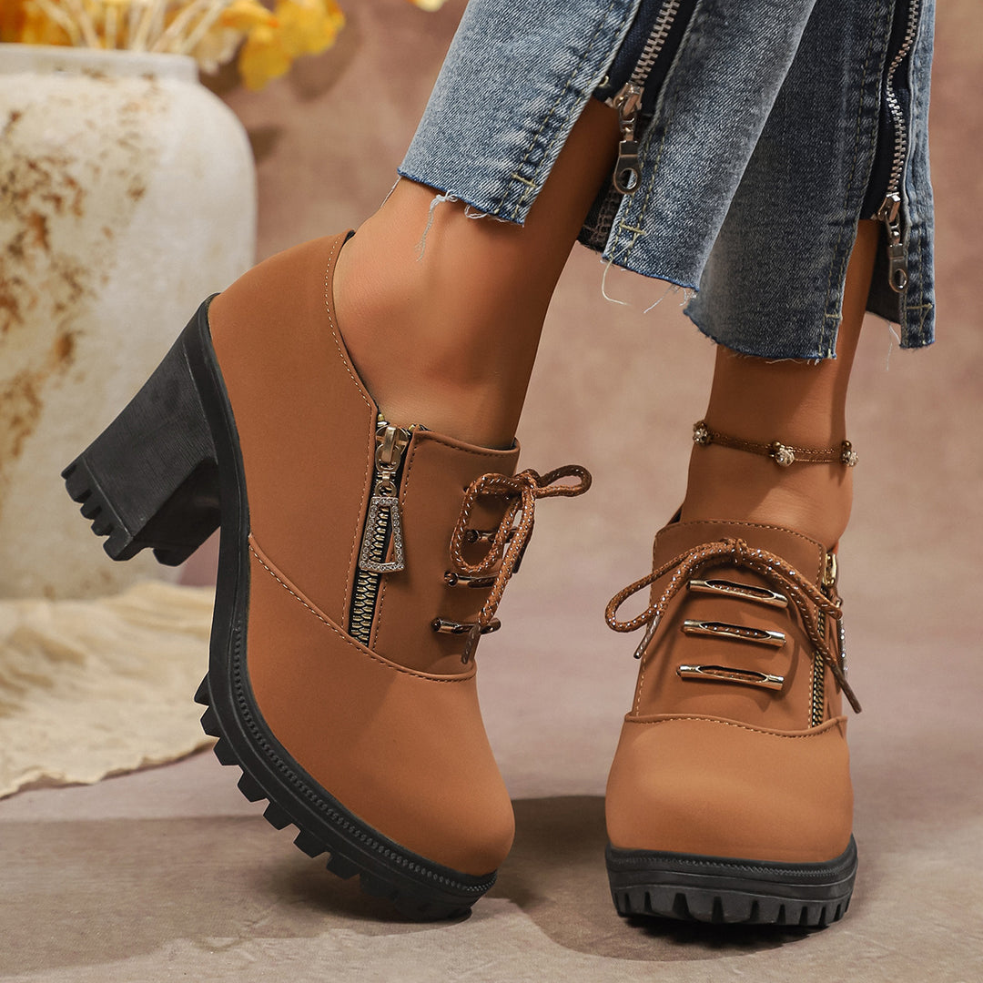 Women's elegant lace-up booties with sturdy block heel, side zipper, and decorative pendant Mune Fashion
