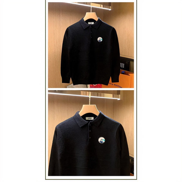 Men's polo collar sweater made of soft fluffy knit with logo patch Mune Fashion
