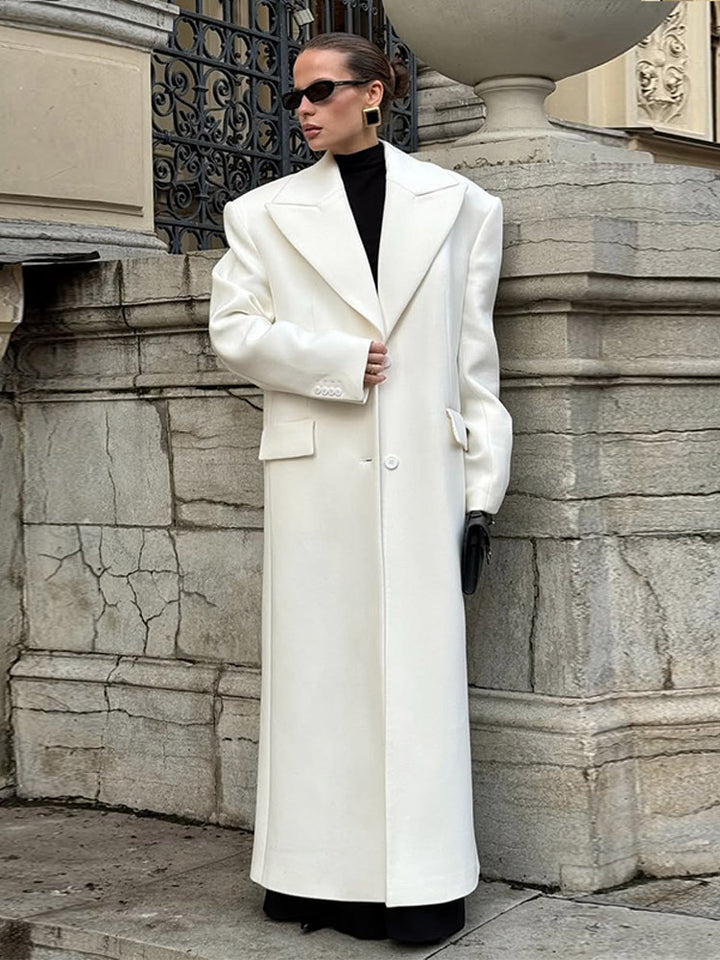 Women's Maxilong Oversize Wool Blend Coat with Distinctive Shoulder Pads and Notched Lapel Mune Fashion