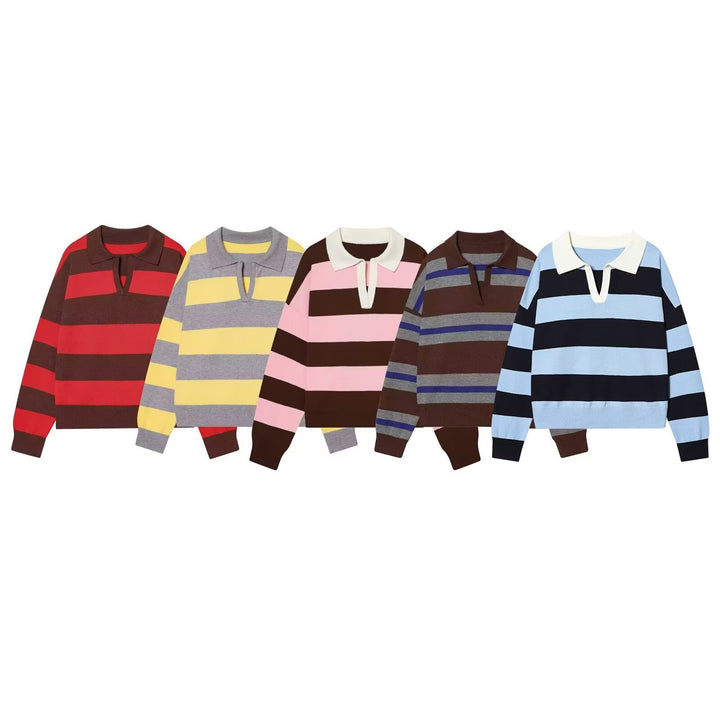 Women Oversize Cropped Rugby Sweater with Polo Collar and V-Neck Mune Fashion