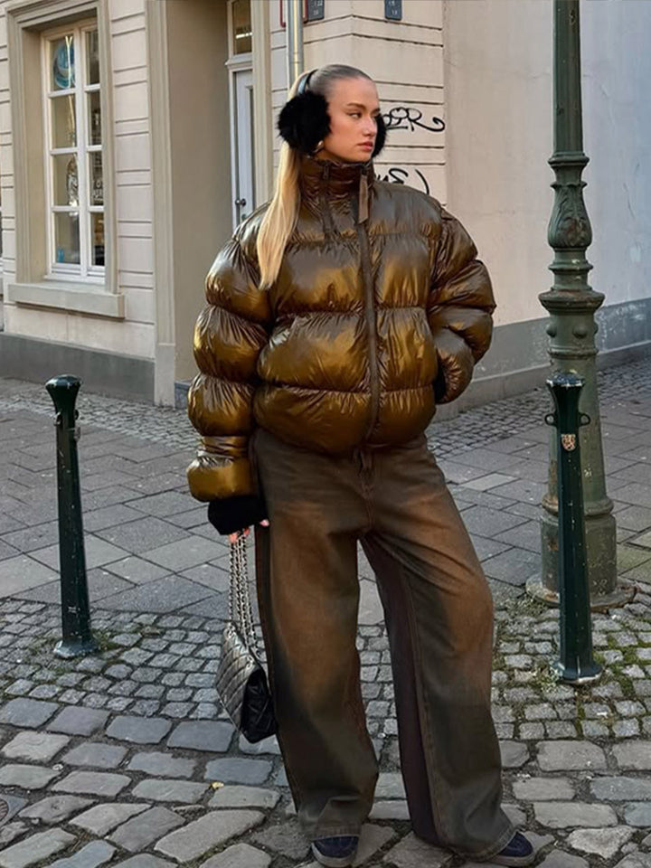 Women's Shiny Oversized Padded Jacket with Hood and High Stand-Up Collar Mune Fashion
