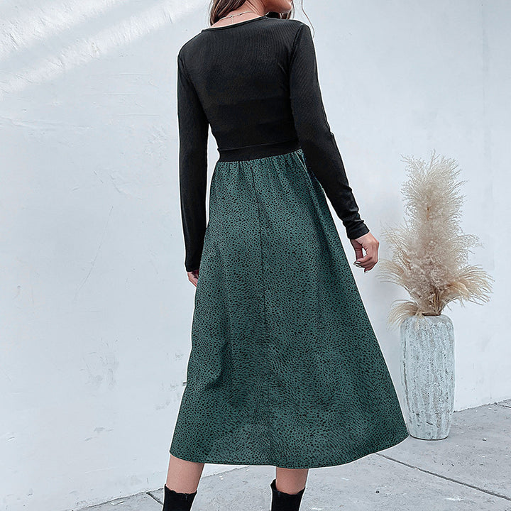 Women's midi dress with tailored rib knit top, V-neck and wide skirt Mune Fashion