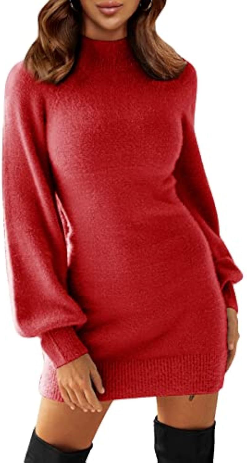 Women's Tailored Teddy Knit Mini Dress with Stand Collar and Balloon Sleeves Drune