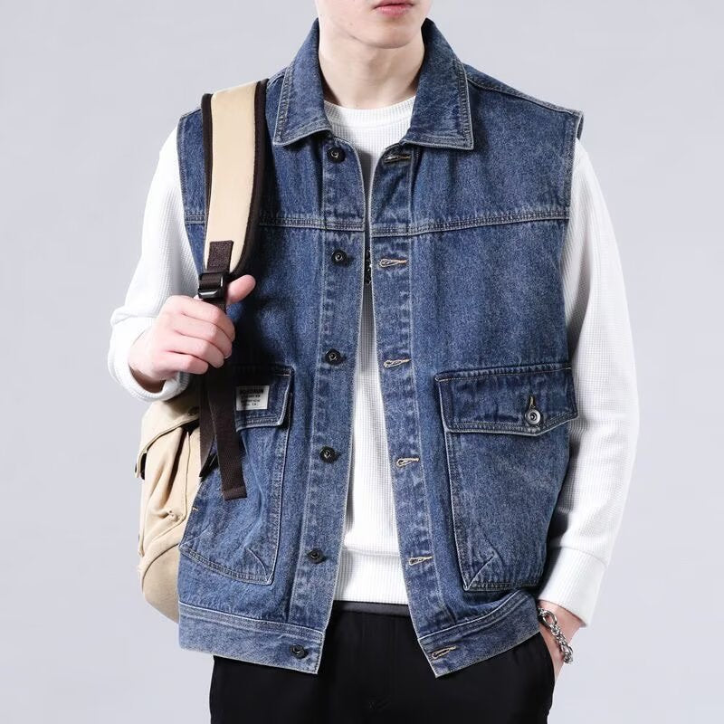 Men's Sleeveless Jeans Work Vest with Flap Pockets and Boxy Fit Mune Fashion