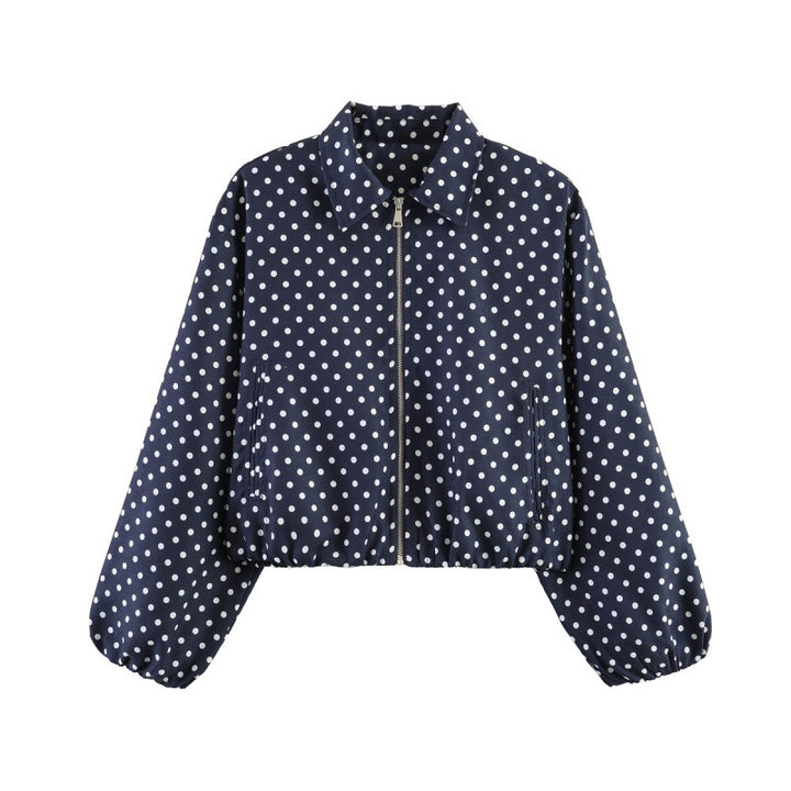 Women Polka Dot Cropped Bomber Jacket in Retro Look with Shirt Collar and Elastic Hem Mune Fashion