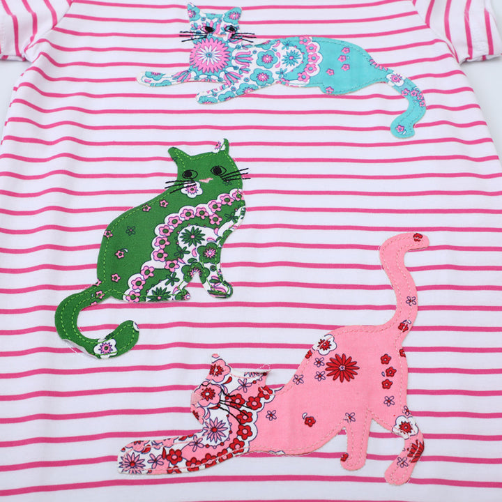 Girls striped short sleeve dress with colorful cat motifs Mune Fashion