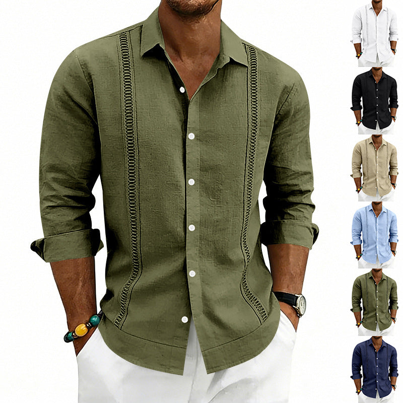 Men's Lightweight Cotton Long Sleeve Shirt with Decorative Stitches and Kent Collar Mune Fashion