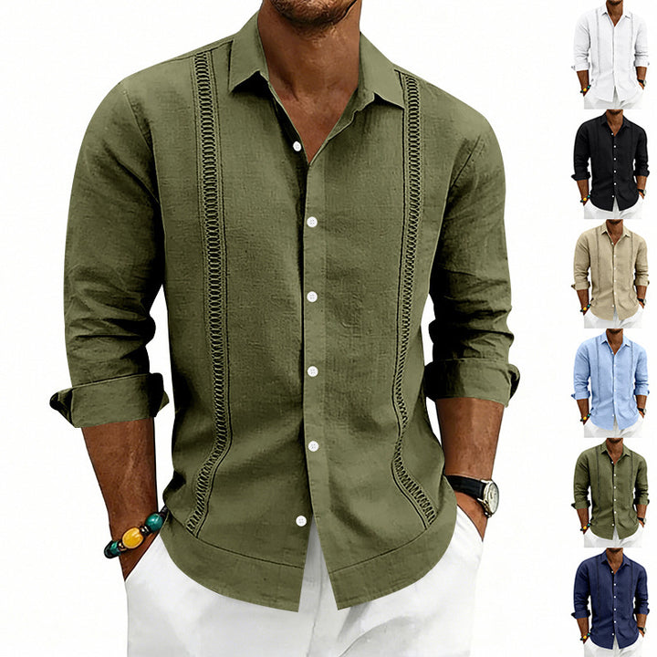 Men's Lightweight Cotton Long Sleeve Shirt with Decorative Stitches and Kent Collar Mune Fashion