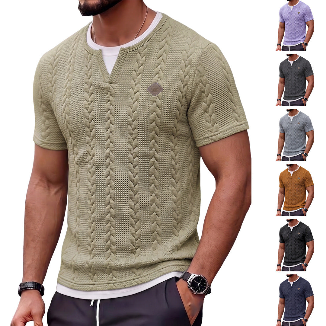 Men's textured short-sleeve shirt with embossed braid structure, V-insert at the round neck and layered look Mune Fashion