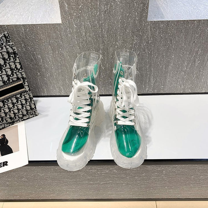 Women's transparent platform ankle boots with sock-like knitted shaft and tread sole Mune Fashion