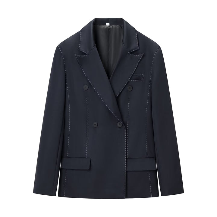 Women's Double-Breasted Blazer with Decorative Stitching and Flap Pockets Mune Fashion