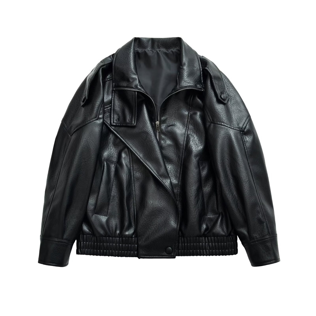 Women's Oversize Bomber Jacket in Biker Mix with Lapel and Elastic Waistband Mune Fashion