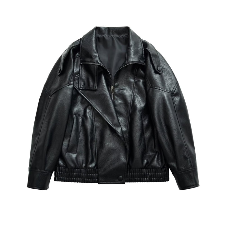 Women's Oversize Bomber Jacket in Biker Mix with Lapel and Elastic Waistband Mune Fashion