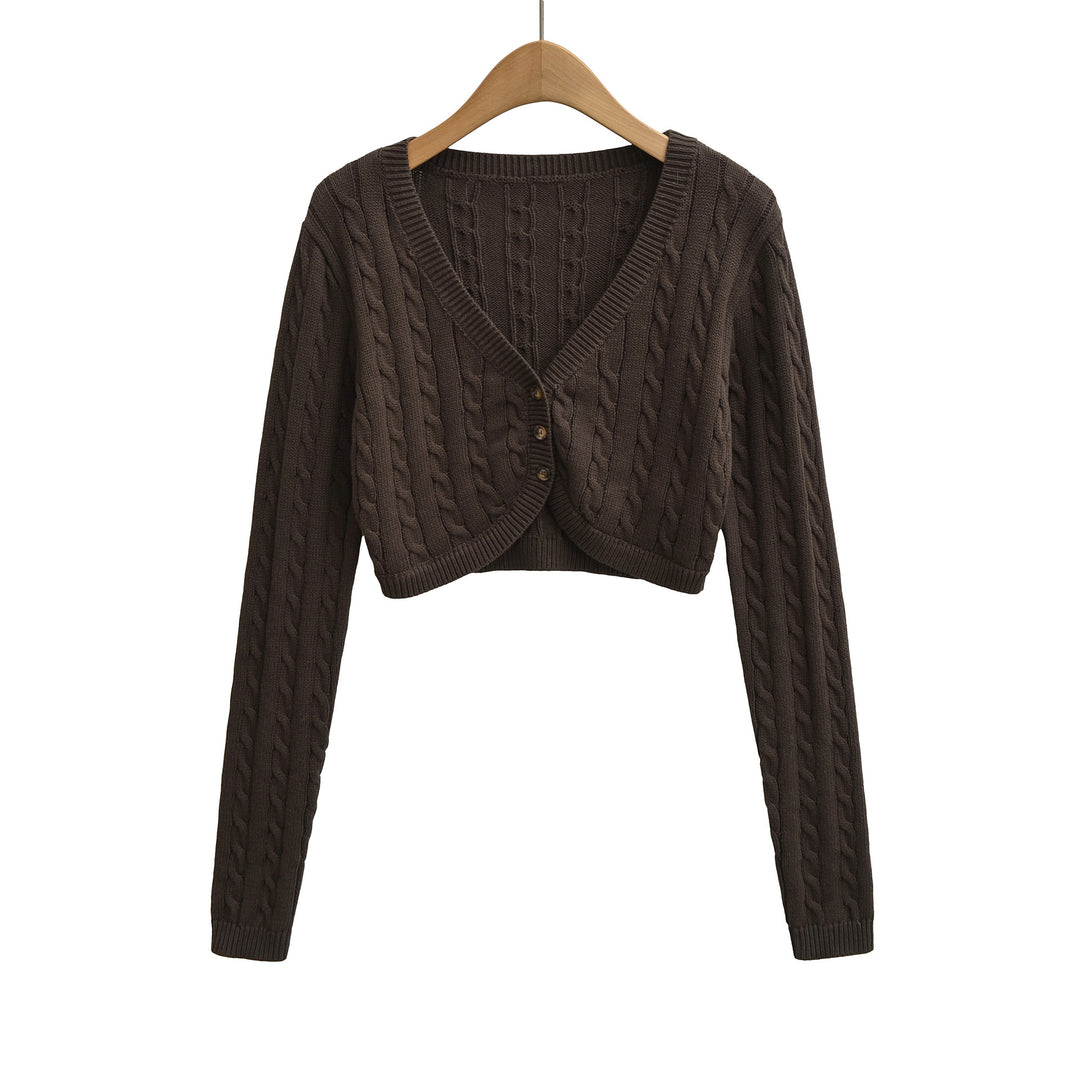 Women Short-Cut Cable Knit Cardigan with V-Neck and Button Placket Mune Fashion