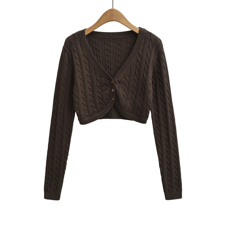 Women Short-Cut Cable Knit Cardigan with V-Neck and Button Placket Mune Fashion