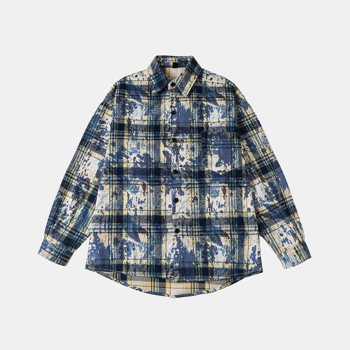Unisex Overshirt Shirt Jacket in checked cotton blend with artistic paint effect Mune Fashion