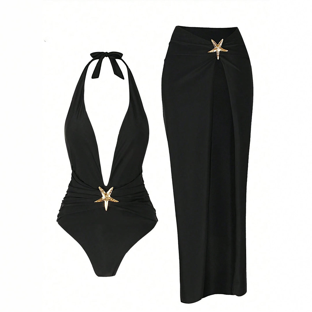 Women's Elegant Maxi Beach Dress with Deep V-Neck and Decorative Star Appliqués Mune Fashion