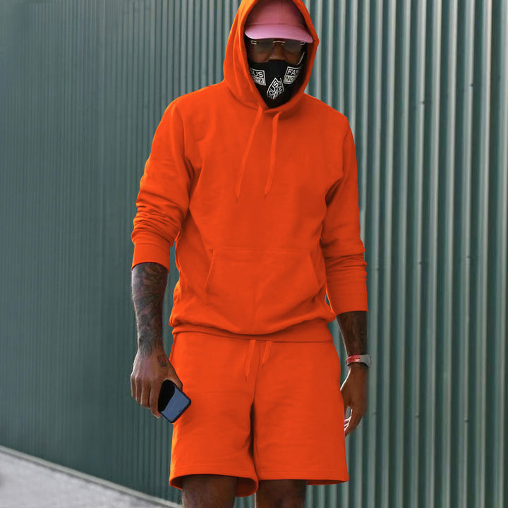 Men's two-piece leisure set hoodie and sweat shorts made of French Terry with kangaroo pocket and drawstring Mune Fashion