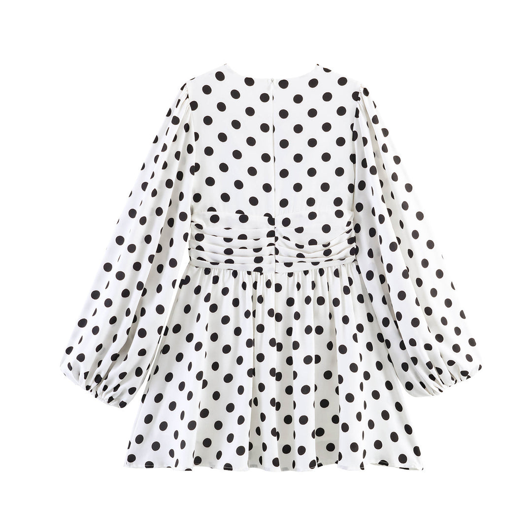 Ladies Polka Dot Blouse with Deep V-Neck, Gathered Waistline and Voluminous Balloon Sleeves Mune Fashion