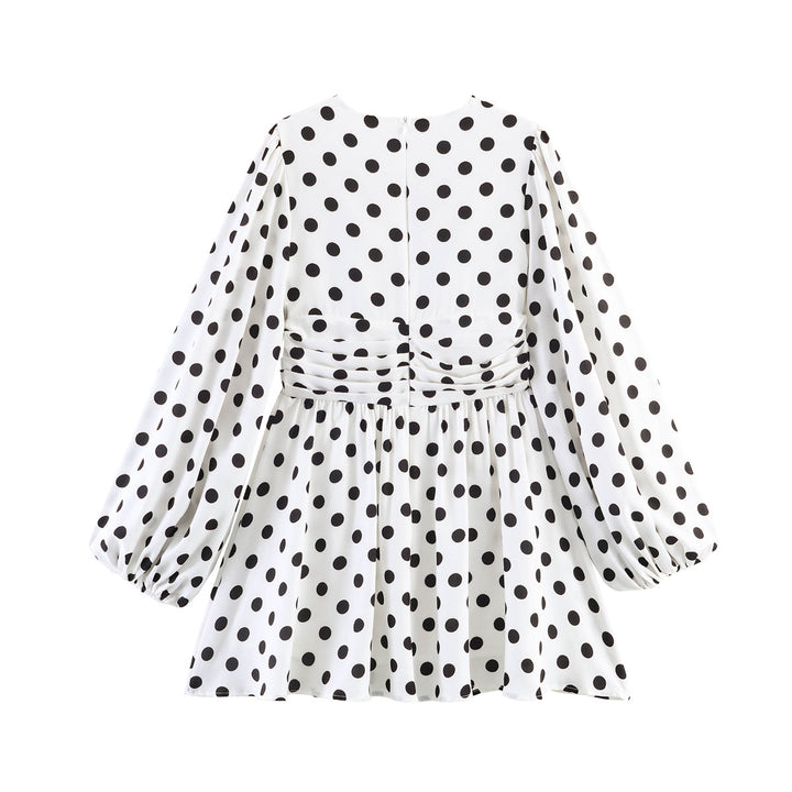 Ladies Polka Dot Blouse with Deep V-Neck, Gathered Waistline and Voluminous Balloon Sleeves Mune Fashion
