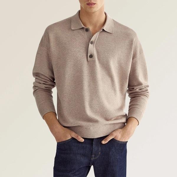 Men's fine knit polo sweater with long sleeves, ribbed cuffs, and subtle button placket EB