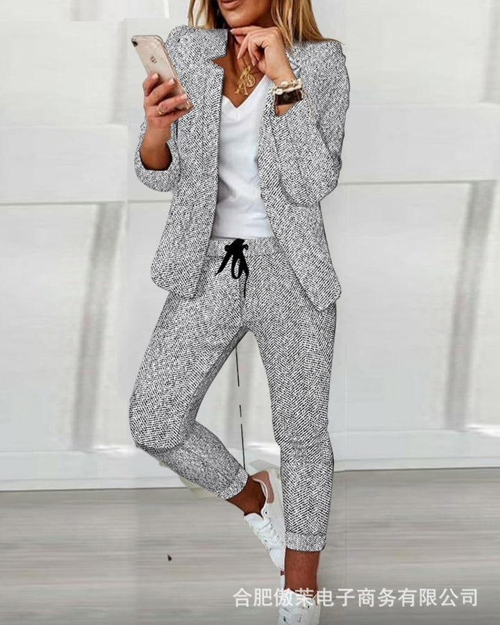 Women Casual-Tailoring Two-Piece Set with Structured Long Blazer and Drawstring Jog Pants Mune Fashion