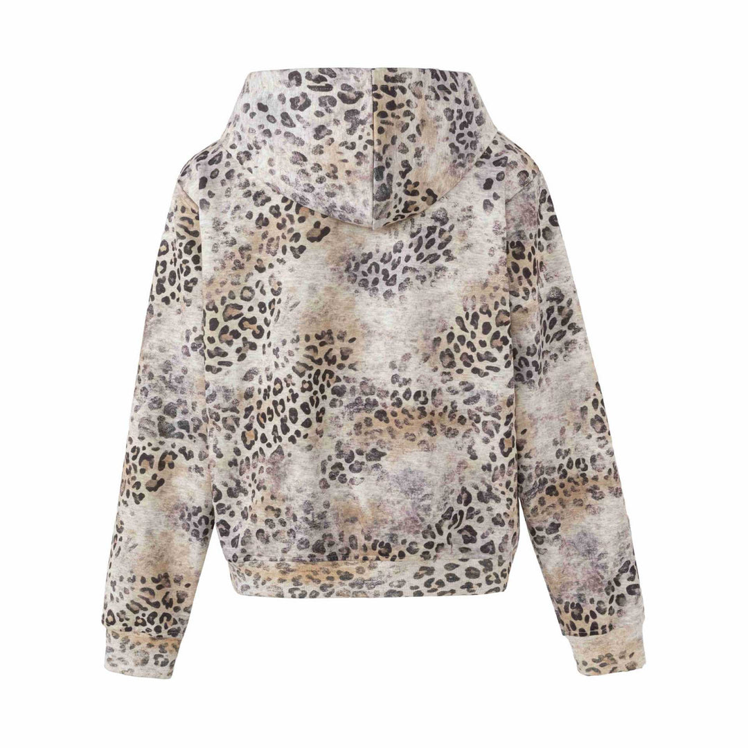 Women's Cozy Hooded Jacket in Boxy Cut with Vintage Leopard Print and Kangaroo Pocket Mune Fashion
