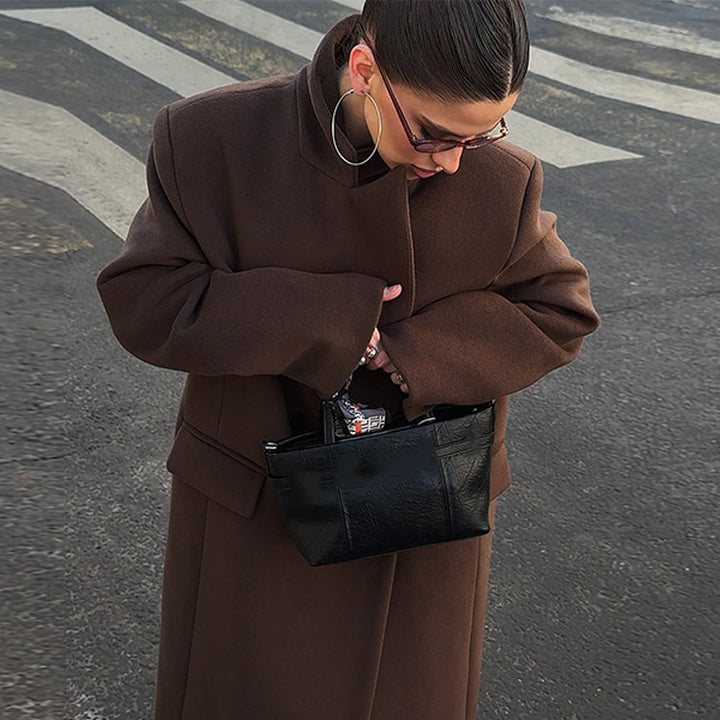 Women's Maxi-Length Wool Blend Coat with Boxy Oversized Silhouette and Distinctive Shoulders Mune Fashion