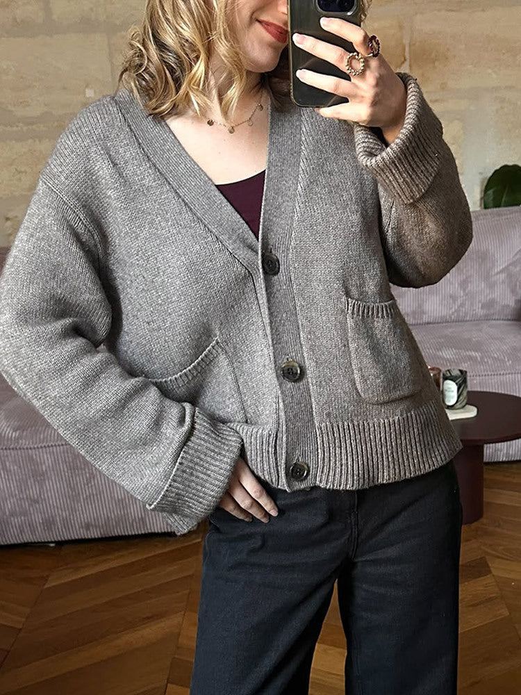 Women's Boxy Cardigan with V-Neck, Patch Pockets, and Horn Buttons Mune Fashion