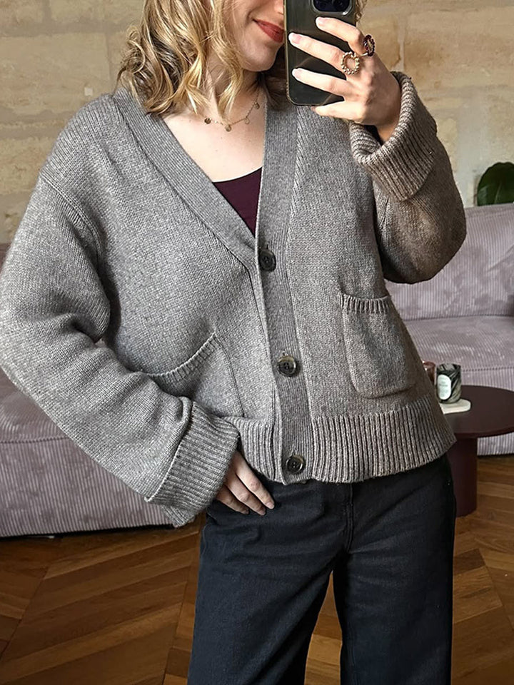 Women's Boxy Cardigan with V-Neck, Patch Pockets, and Horn Buttons Mune Fashion