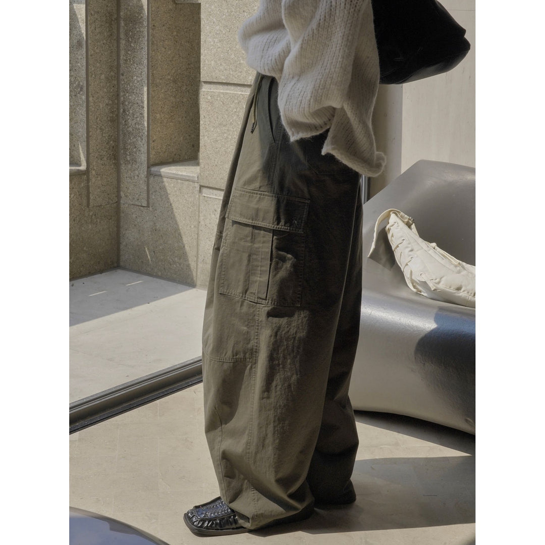 Women's Wide High-Waist Cargo Palazzo Pants with Drawstring Waistband and Patch Pockets Mune Fashion