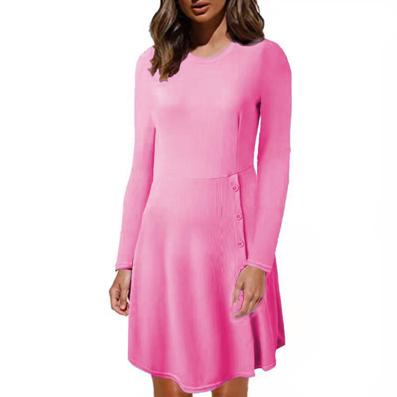 Women's Ribbed A-Line Dress with Round Neckline, Long Sleeves and Side Button Placket Mune Fashion
