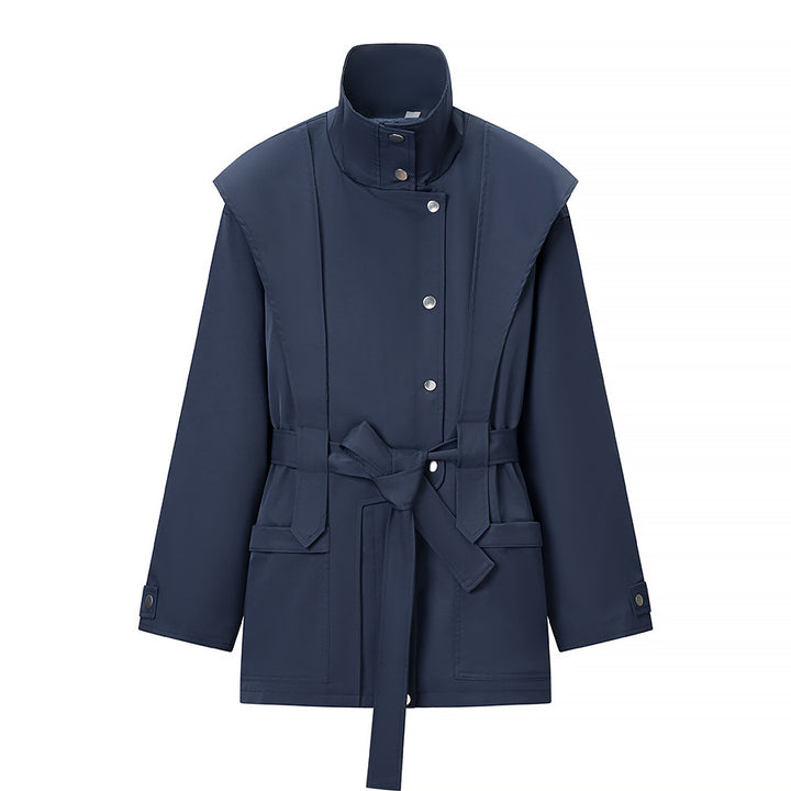 Women's Tailored Transition Jacket with Stand Collar, Shoulder Cape and Belt Mune Fashion