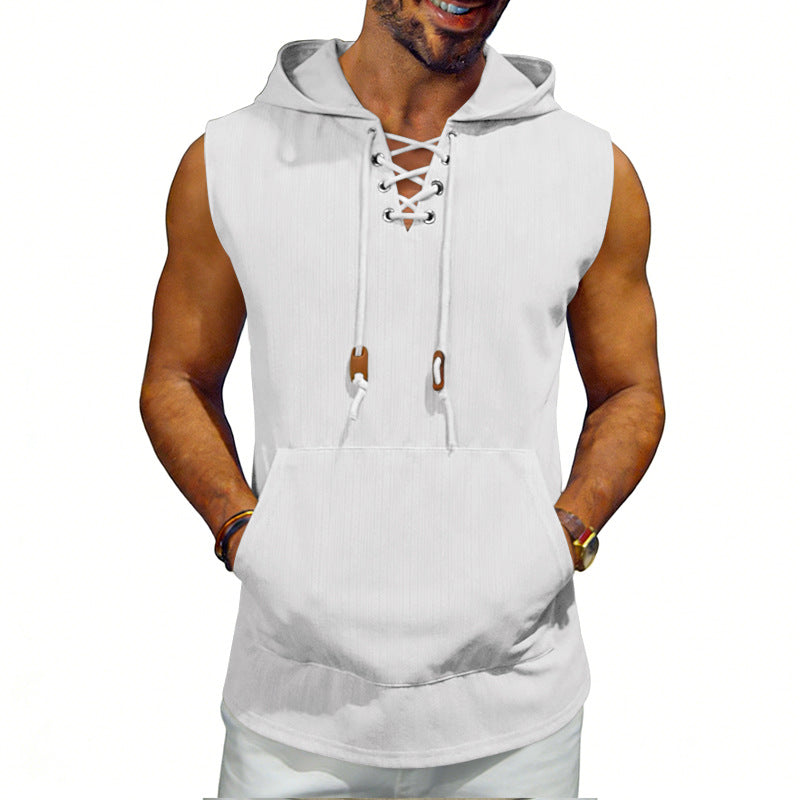 Men's sleeveless hooded vest with lace-up V-neck, kangaroo pocket, and casual fit Mune Fashion