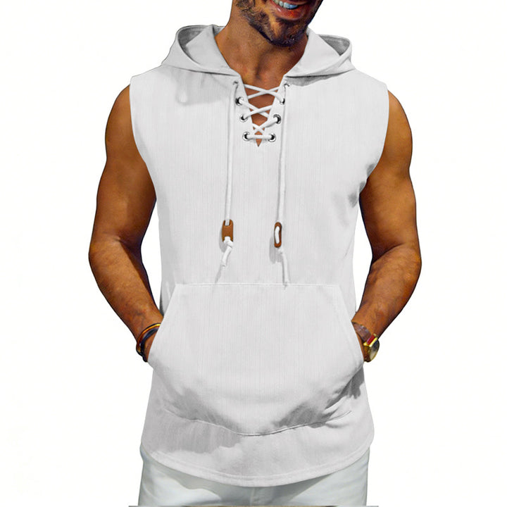 Men's sleeveless hooded vest with lace-up V-neck, kangaroo pocket, and casual fit Mune Fashion