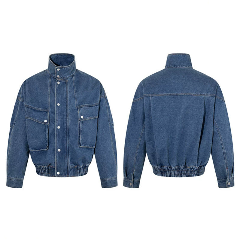 Women's Oversized Denim Jacket with Stand-up Collar, Press Stud Placket and Patch Cargo Pockets Mune Fashion