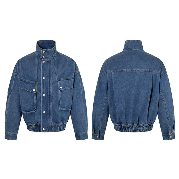 Women's Oversized Denim Jacket with Stand-up Collar, Press Stud Placket and Patch Cargo Pockets Mune Fashion