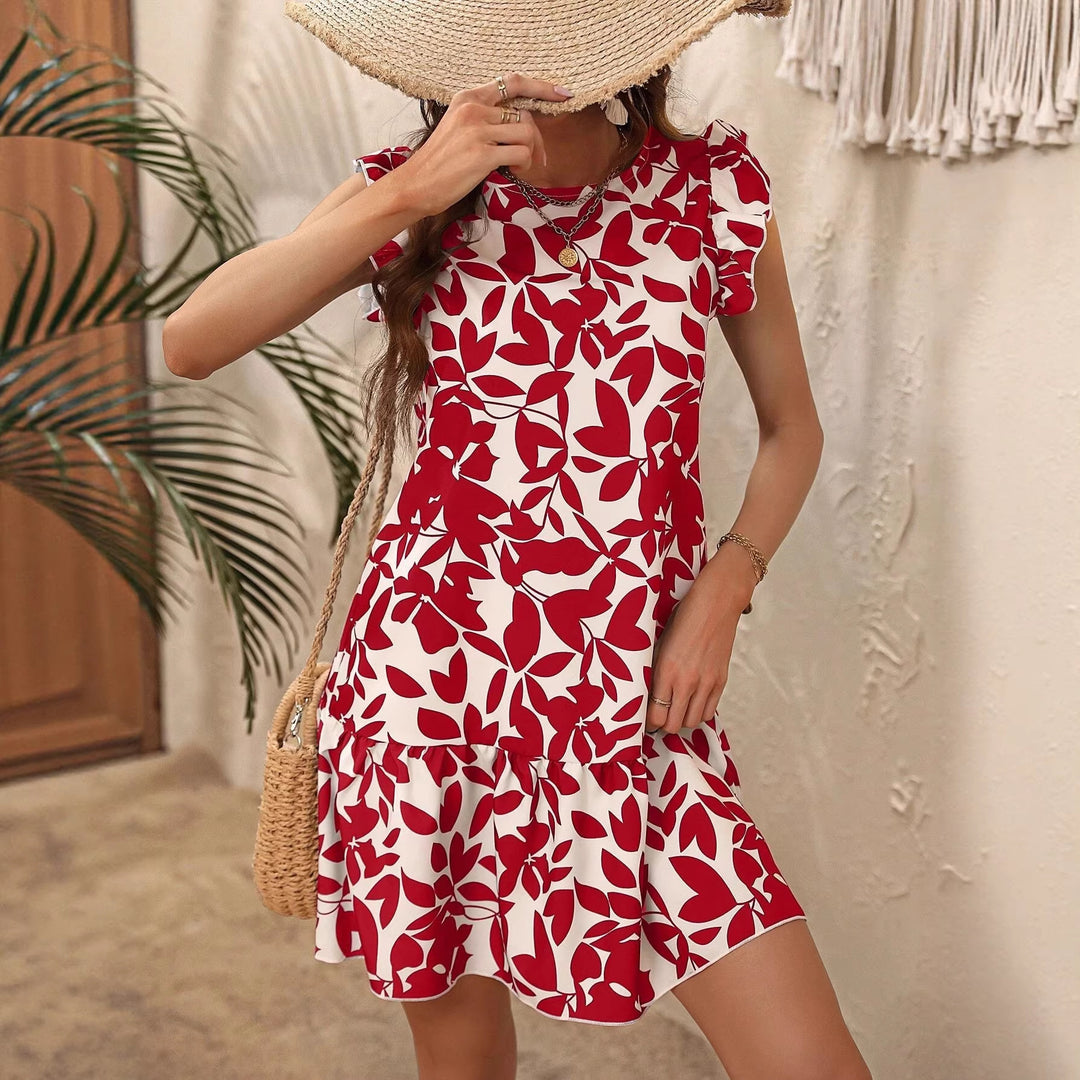 Women’s Light Tiered Short Dress with Ruffled Sleeves and Botanical Print Mune Fashion