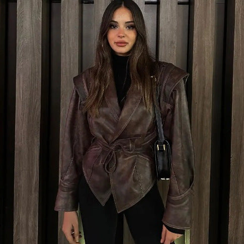 Ladies short jacket made of suede look with wrap belt, shawl collar and lacing detail Mune Fashion