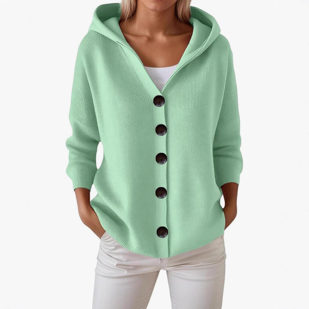 Women's hooded cardigan with large wooden buttons and side pockets Mune Fashion