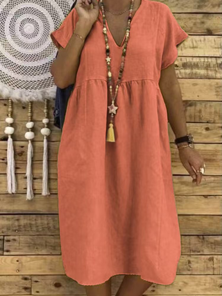 Women's Linen Maxi Dress with V-Neck and Ruffle Details Mune Fashion