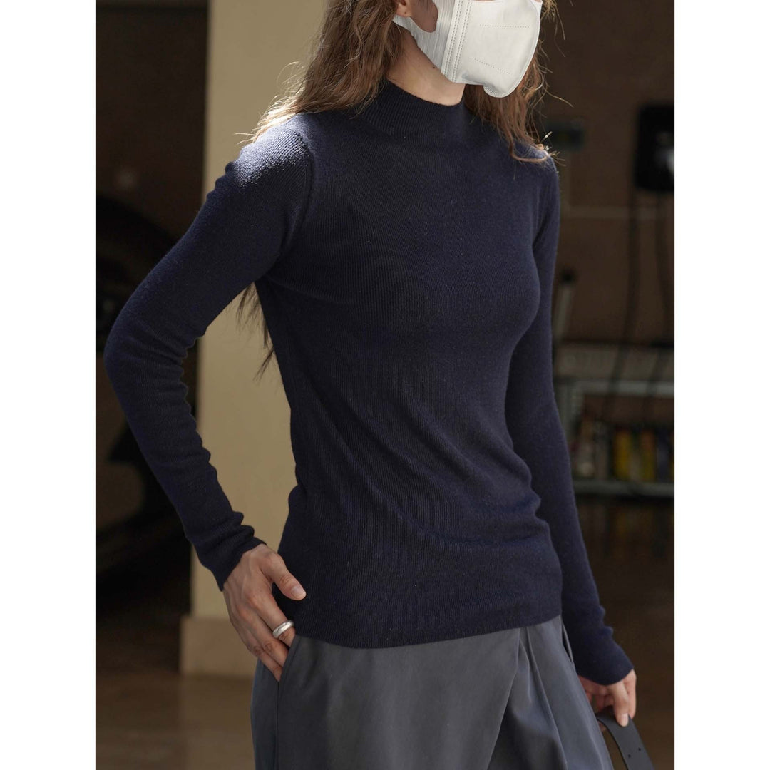 Women's Figure-Hugging Ribbed Knit Sweater with Short Stand-Up Collar and Extended Sleeves Mune Fashion