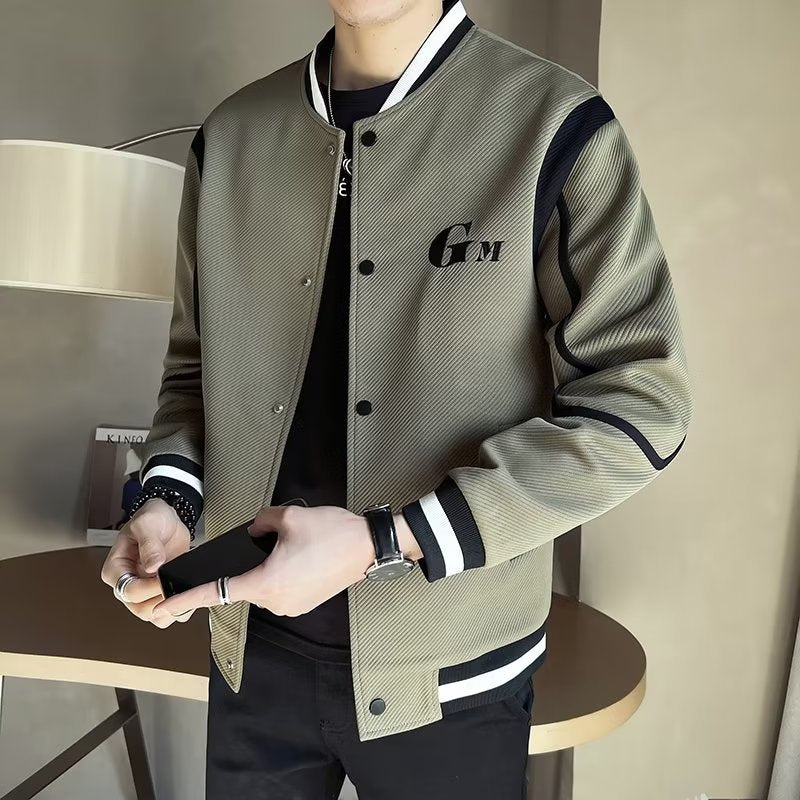 Men's Lightweight Varsity Bomber Jacket with Textured Fabric, Ribbed Cuffs and Snap Front Mune Fashion