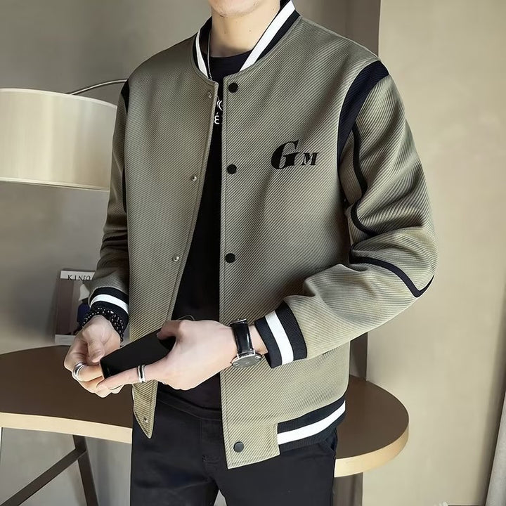 Men's Lightweight Varsity Bomber Jacket with Textured Fabric, Ribbed Cuffs and Snap Front Mune Fashion