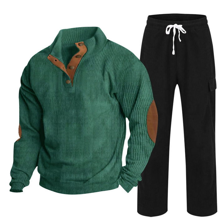 Men's Cozy Leisure Set made of Waffle Knit Henley with Elbow Patch and Relax Cargo Pants Mune Fashion