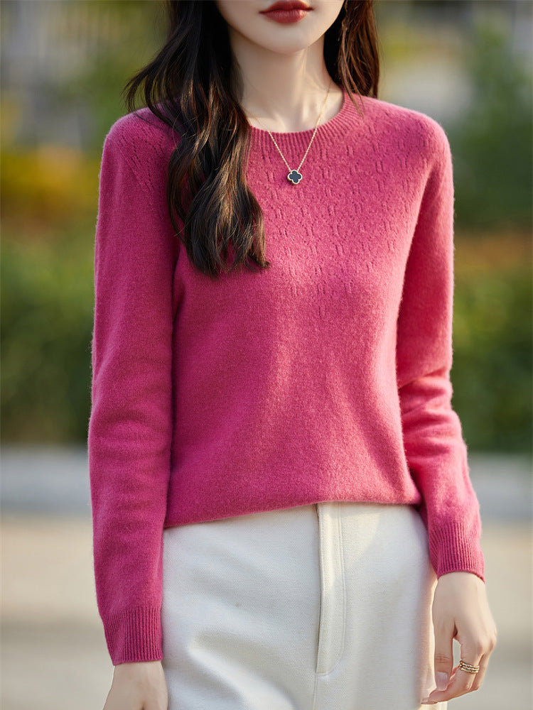 Women's Soft Round Neck Sweater in Cashmere Look with Fine Openwork Pattern and Snug Fit Mune Fashion