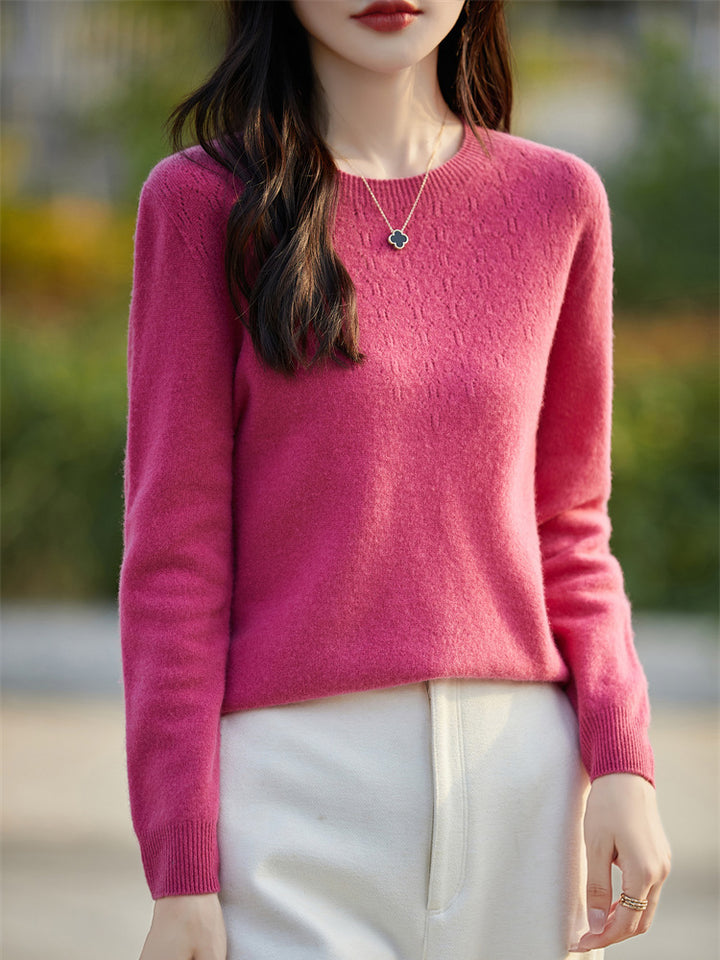Women's Soft Round Neck Sweater in Cashmere Look with Fine Openwork Pattern and Snug Fit Mune Fashion