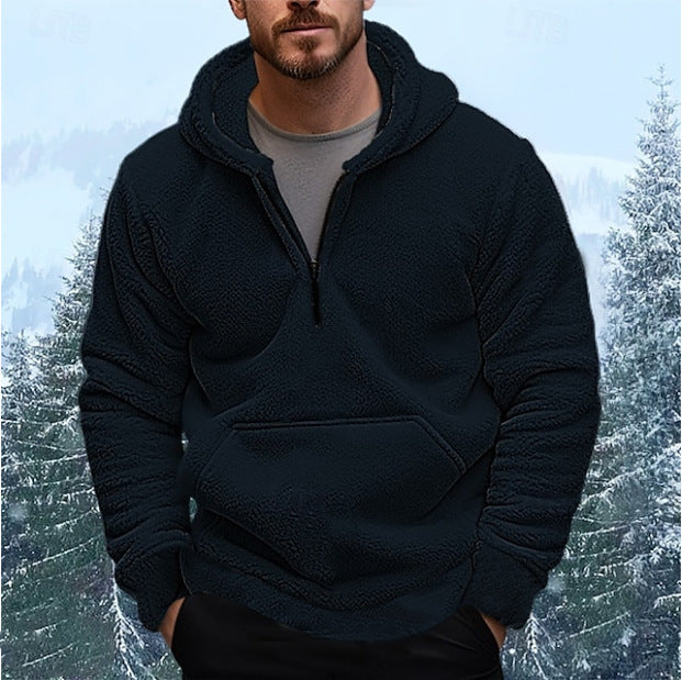 Men's nan sherpa fleece hoodie with half zipper, hood, and large kangaroo pocket Mune Fashion