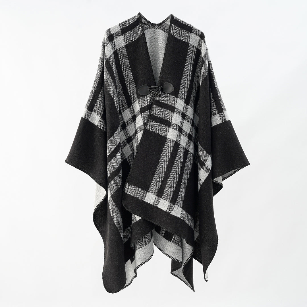 Women's Reversible Wool Blend Poncho with Toggle Closure and Check Pattern Mune Fashion