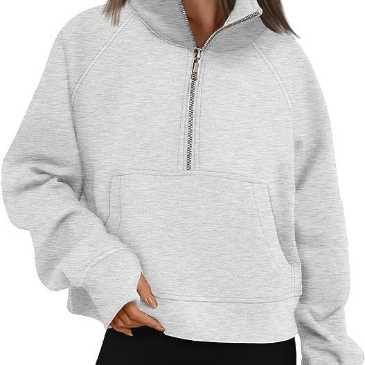 Women's cropped half-zip sweatshirt with high stand-up collar, kangaroo pocket, and drop shoulder Mune Fashion